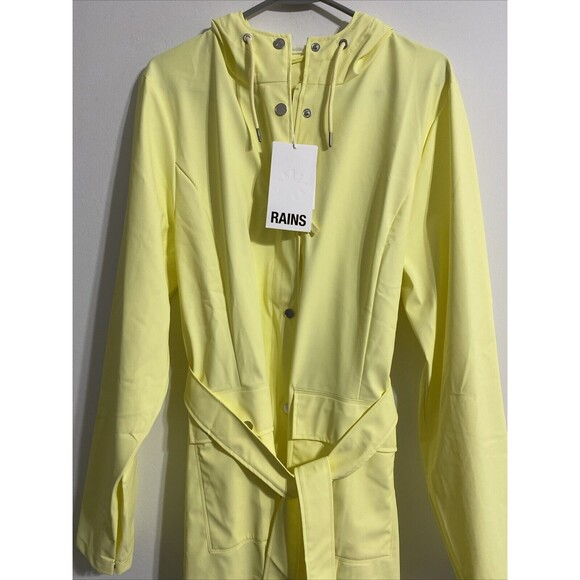 Rains Jacket Curve W Women's L Yellow Snap Button Pockets Hooded Belted NEW - Picture 3 of 10